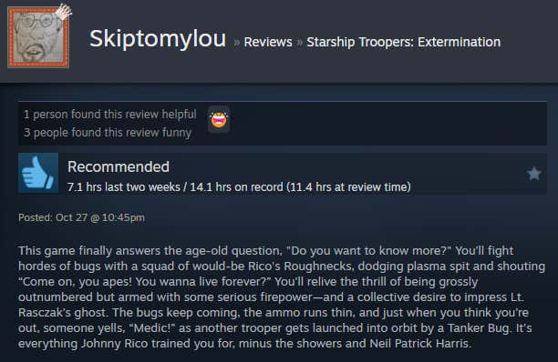 Image of an article titled Starship Troopers: Extinction from a Steam review